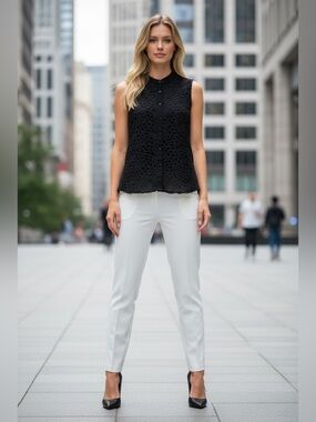 Calvin Klein, Black Lace Sleeveless Blouse, Sheer Floral Overlay, Small